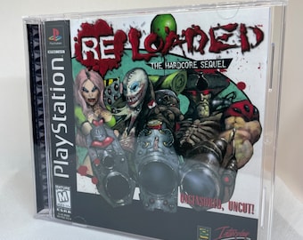 May include: PlayStation game case for Reloaded: The Hardcore Sequel. The case is black with a red, green, and white image of four characters holding guns. The game is rated M for Mature by the ESRB. The text "Uncensored, Uncut!" is printed on the case.