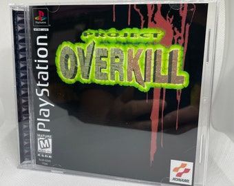 May include: A PlayStation game case with a black background and a red and green title that reads "PROJECT OVERKILL". The game is rated M for Mature by the ESRB and is published by Konami.