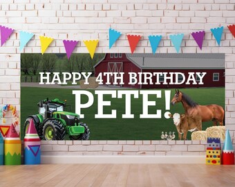 Banner de cumpleaños con temática de granja realista, descarga digital.