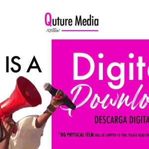 K&ouml;nnte beinhalten: Bild mit dem Text "THIS IS A Digital Download" in Wei&szlig; auf wei&szlig;em und pinkfarbenem Hintergrund. Eine Person h&auml;lt ein rotes Megaphon und ein Mikrofon. Der Text "DESCARGA DIGITAL" ist ebenfalls vorhanden.