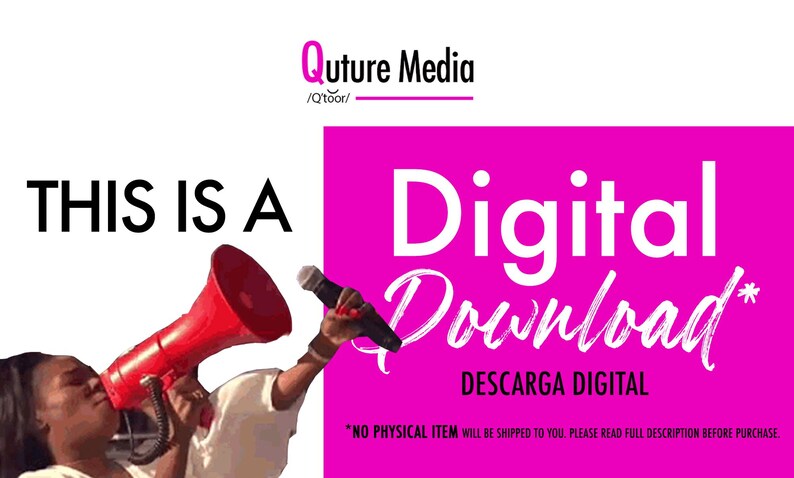 K&ouml;nnte beinhalten: Bild mit dem Text "THIS IS A Digital Download" in Wei&szlig; auf wei&szlig;em und pinkfarbenem Hintergrund. Eine Person h&auml;lt ein rotes Megaphon und ein Mikrofon. Der Text "DESCARGA DIGITAL" ist ebenfalls vorhanden.