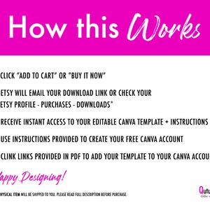 K&ouml;nnte beinhalten: Wei&szlig;er Hintergrund mit einem pinkfarbenen Header mit der Aufschrift "How this Works". Der Text beschreibt den Prozess des Kaufs und des Zugriffs auf eine digitale Vorlage, einschlie&szlig;lich des Klickens auf "In den Warenkorb", des &Uuml;berpr&uuml;fens von Etsy-Downloads und der Verwendung von Canva. Der Satz "Happy Designing!" steht unten.
