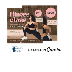 Folleto de fitness rosa y marrón: Plantilla editable para campamento de entrenamiento y clase de yoga (solo archivo digital)