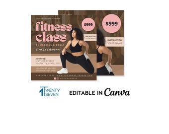 Folleto de fitness rosa y marrón: Plantilla editable para clases de entrenamiento intensivo y yoga (solo archivo digital)