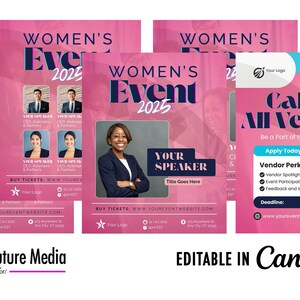 Könnte beinhalten: Rosafarbener Flyer mit dem Text "Women's Event 2025" in fetten, schwarzen Buchstaben. Der Flyer enthält einen Call-to-Action zum "Ticketkauf" und einen Abschnitt für "Ihr Referent". Der Flyer enthält auch einen Abschnitt für "Calling All Vendors" mit einer Liste von Vorteilen für Verkäufer.