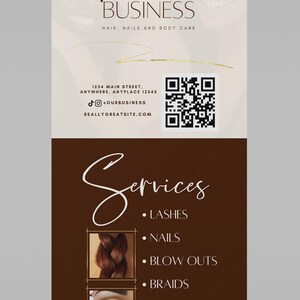 K&ouml;nnte beinhalten: Ein Roll-up-Banner f&uuml;r ein Sch&ouml;nheitsunternehmen. Der obere Teil ist beige mit den Worten "Luxury Business" und "Hair, Nails and Body Care". Der untere Teil ist braun und listet Dienstleistungen wie Wimpern und N&auml;gel auf.