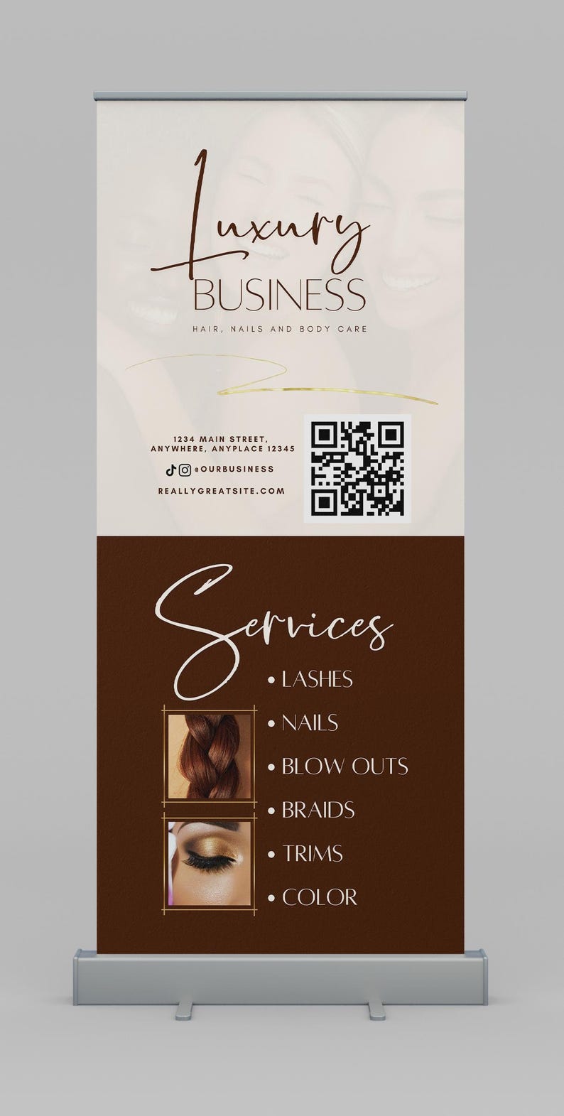 K&ouml;nnte beinhalten: Ein Roll-up-Banner f&uuml;r ein Sch&ouml;nheitsunternehmen. Der obere Teil ist beige mit den Worten "Luxury Business" und "Hair, Nails and Body Care". Der untere Teil ist braun und listet Dienstleistungen wie Wimpern und N&auml;gel auf.