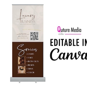 K&ouml;nnte beinhalten: Ein Roll-up-Banner f&uuml;r ein Sch&ouml;nheitsunternehmen. Der obere Teil ist beige mit den Worten "Luxury Business" in eleganter Schrift. Der untere Teil ist braun und listet Dienstleistungen wie Wimpern, N&auml;gel und Farbe auf. Bearbeitbar in Canva.