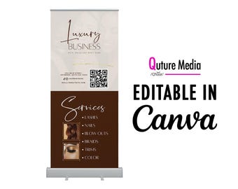 Plantilla de pancarta comercial retráctil marrón (33 x 78 cm) (editable en Canva, descarga digital)