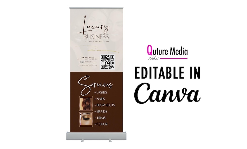 K&ouml;nnte beinhalten: Ein Roll-up-Banner f&uuml;r ein Sch&ouml;nheitsunternehmen. Der obere Teil ist beige mit den Worten "Luxury Business" in eleganter Schrift. Der untere Teil ist braun und listet Dienstleistungen wie Wimpern, N&auml;gel und Farbe auf. Bearbeitbar in Canva.