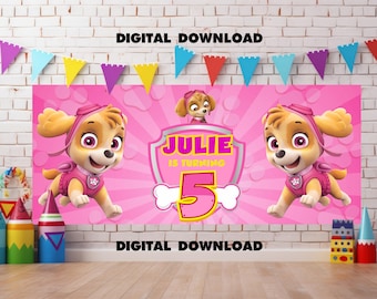 Girl's Pup Patrol Birthday Banner: Pink Party Decor (Digital Download)