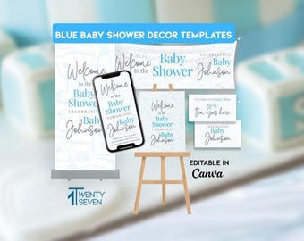 Paquete de decoración para baby shower azul: Plantillas editables de Canva (descarga digital)