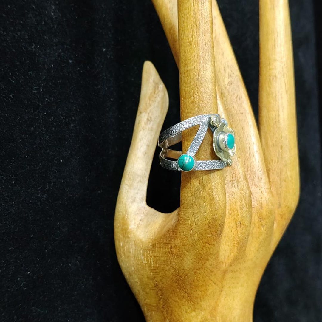925 Sterling Silver Turquoise Ring - Mixed Metal Floral Statement Band ...
