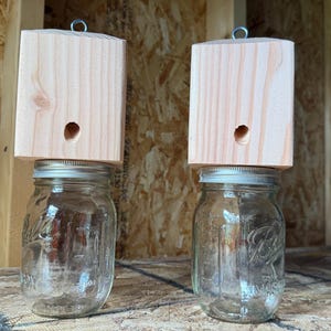 May include: Two clear glass mason jars with metal lids are topped with wooden blocks. Each block has a small hole and a metal loop for hanging. The wood has a natural, light color.