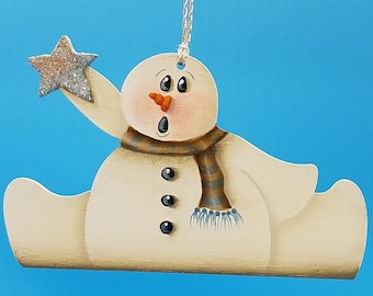 Hand Painted Snowman Wood Ornament, Reaching for Stars