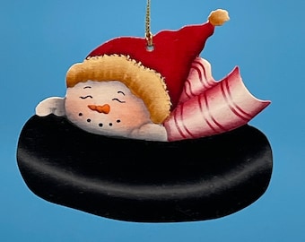 Hand Painted Snowman Ornament, Wood Sledding, Heirloom Holiday Decoration