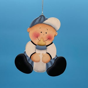 Baby - Hand painted wood Christmas Ornament-baby boy with bottle.  Christmas decoration, secret Santa gift, heirloom holiday decoration