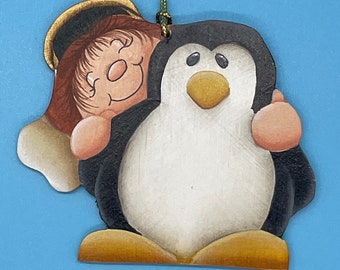 Hand Painted Angel and Penguin Wood Christmas Ornament