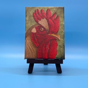 Rooster, Hand painted original acrylic miniature painting-&quot;The Boss&quot; (Rooster).   Display easel included.