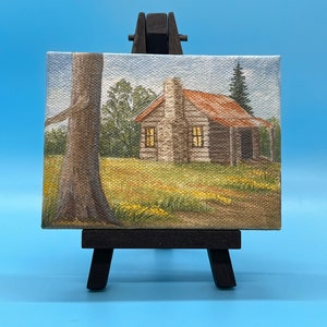 Hand painted original acrylic miniature painting-&quot;Smoky Mountain Log Cabin&quot;.   Display easel included.