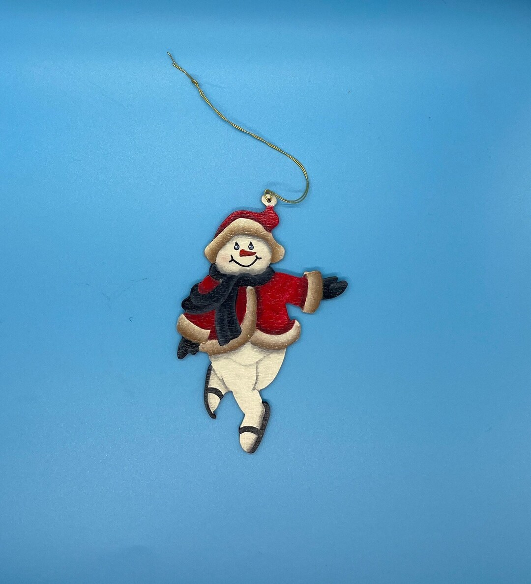 Snowman, Hand Painted Wood Christmas Ornament, ice Skating Snowman