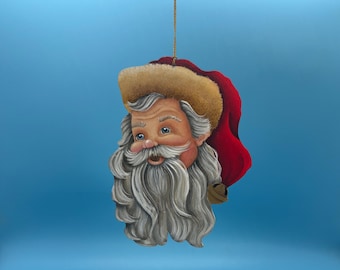 hand painted wooden Santa ornament, rustic christmas tree decor, holiday gift, farmhouse Santa, hand cut wood ornament