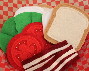 Felt Food BLT Sandwich Play Set, Includes Bread, Bacon, Tomato, Lettuce and Mayo, Pretend Play Food