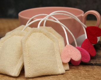 Felt Food Play Tea Bags, set of 4 with Hearts, Educational Toy, Valentine's Day Gift