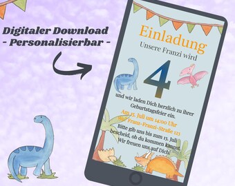 Kinderverjaardagsuitnodiging, digitale verjaardagsuitnodiging, kinderverjaardagsjabloon via WhatsApp, e-card edit Jettemplate Dino Party