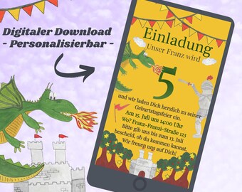 Kinderverjaardagsuitnodiging, digitale verjaardagsuitnodiging, kinderverjaardagsjabloon via WhatsApp, e-card edit Jettemplate RitterParty