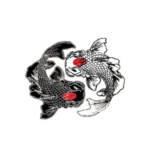 May include: Black and white embroidered patch of two koi fish swimming in a circle. The fish have red spots on their bodies.