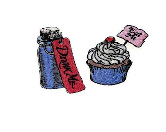 Alice in Wonderland patch. Eat me, drink me. Set 2 p. Large embroidered  iron-on patch, patch for jacket