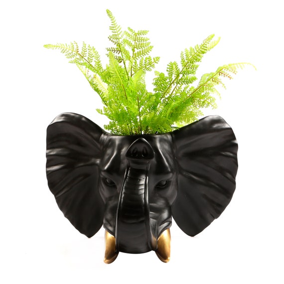 Contemporary Faux Taxidermy Black Gold Geometric Elephant Wall Mount Sculpture Taxidermy