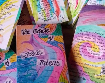 May include: A colorful box with the title "The Oracle of Poetic Intent" written in black lettering. The box is decorated with a swirling pattern of blue, pink, yellow, and green. The box is a deck of oracle cards for spiritual practices.