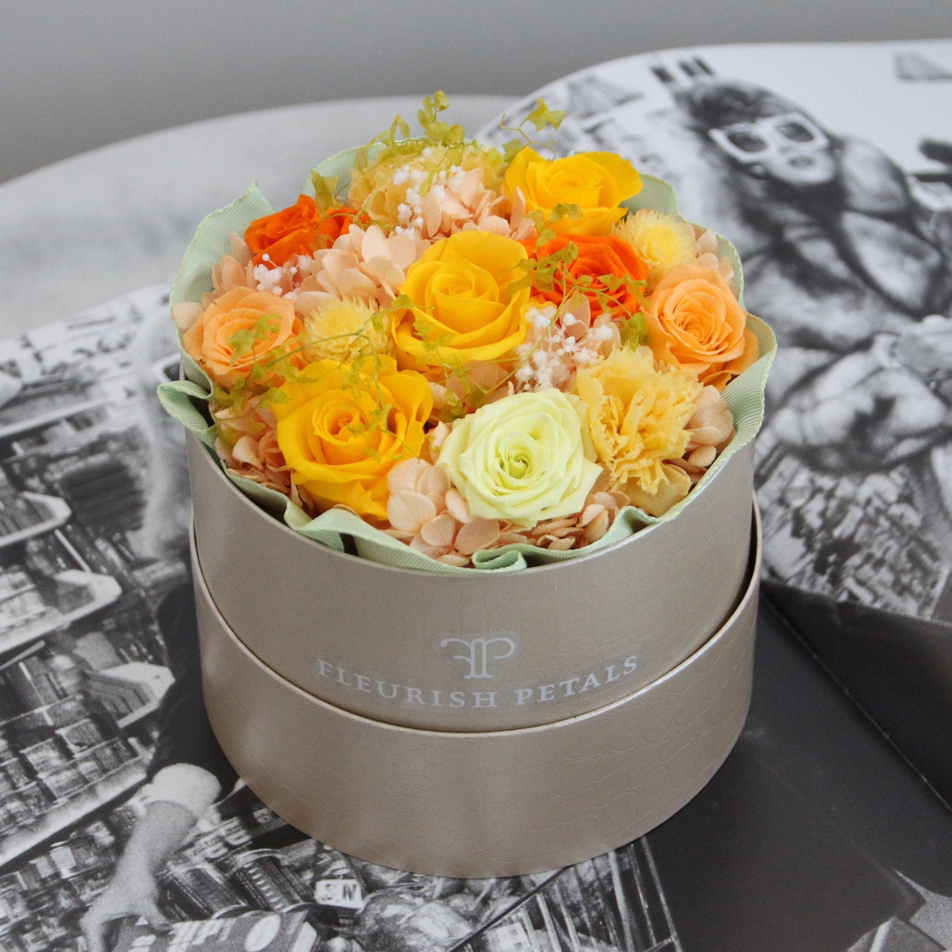 Premium Fleur Round Box Arrangement Yellow Preserved Etsy