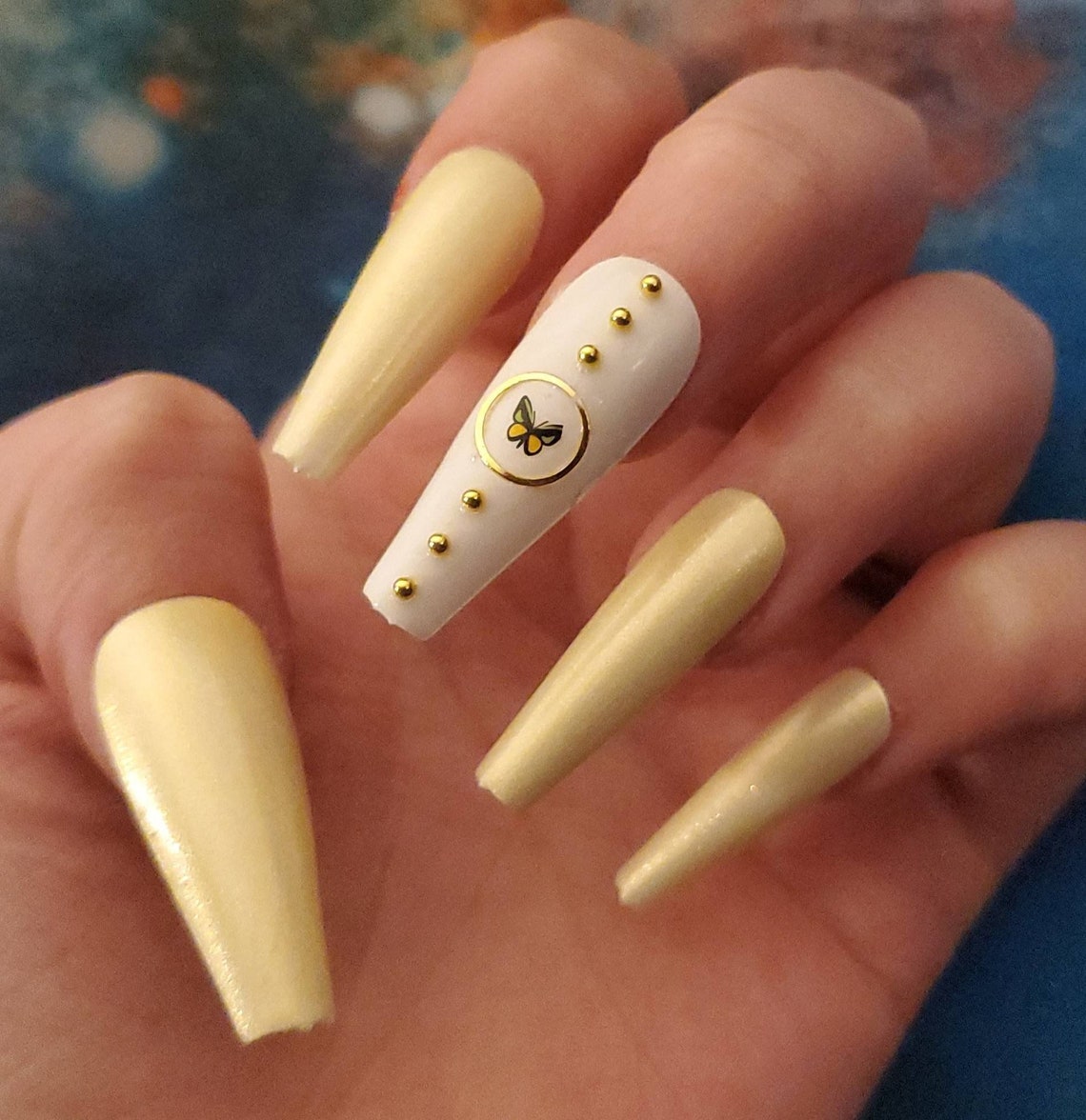 Fake Nails Glue On Nails Gold Butterfly Etsy