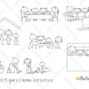 Stick figure family home activities, Home activities, Stay at home stick figures, Hand drawn Clipart, SD009