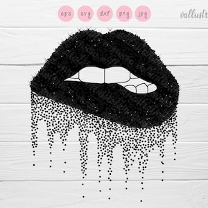 May include: Black glitter lips with a dripping effect. The lips are outlined in black and have a white outline for the teeth.