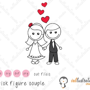 Stick Figur Paar Doodle, Hochzeit, Hochzeit, Braut und Bräutigam, Verlobung, Cuttable Design, SVG, DXF, EPS Design Datei Silhouetten SV002