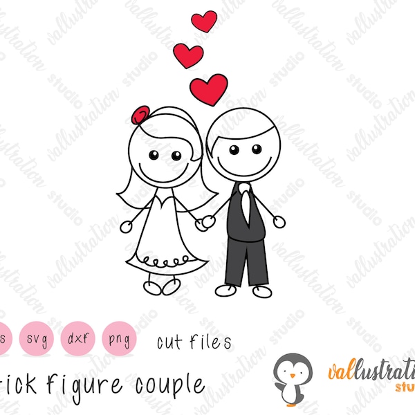 Stick Figure Couple Doodle, Wedding, Marriage, Bride and Groom, Engagement, Cuttable Design, SVG, DXF, EPS Design File Silhouettes SV002