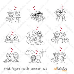 Rysunek z patyczków, Letnia miłość, Lato, Wakacje, Plaża, Urlop, Rysunek z parą, Clipart, Rysowany ręcznie Clipart, Miesiąc miodowy