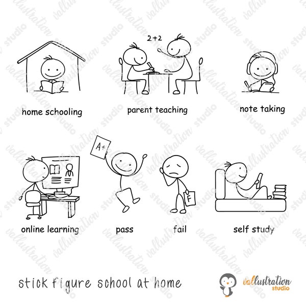 Stick figure doodle home school, school at home, study, work,  Action, Hand drawn Clipart, SD008