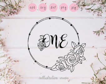 One Floral Svg, Floral Frame, First Birthday, Baby Shower,  Line, Silhouettes, EPS, DXF, Png, Jpg, Silhouette Cut Files, Cricut, SC016