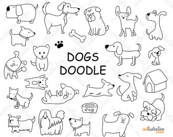 Puede incluir: Ilustración en blanco y negro de varios perros estilo doodle. La imagen incluye un hueso, huellas de patas y las palabras "DOGS DOODLE". Los dibujos son sencillos y de estilo caricaturesco, perfectos para proyectos creativos.