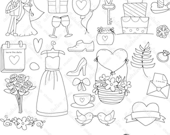Doodle de boda, Clipart de boda, artículos de boda, clipart de ceremonia, imágenes prediseñadas casadas, imágenes prediseñadas dibujadas a mano, compromiso DI001