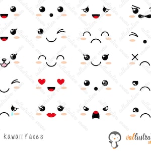 Kawaii cara clipart, caras lindas Clip Art feliz sonrisa triste enojado confuse divertido kit conjunto icono emoticono digital diseño gráfico