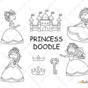Prinzessin Doodle Svg, Prinzessin Doodle, Schloss, Mädchen, Schloss, Krone, Wandkunst, Aufkleber, digitale Stempel, Transparent, SVG, PNG Cricut DI026