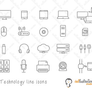 Set Of Technology Line Icons, Clipart, Clip Art, Tablet, Smart phone, technology, computer, speaker, server, Outline, Linear, SVG, EPS L009