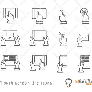 May include: A set of 12 black and white line icons depicting different ways to interact with a touch screen. The icons include tapping, swiping, scrolling, and zooming.