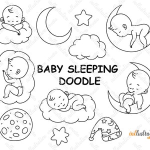 Baby Sleeping Doodle, Baby Doodle, Goodnight Doodle, Moon and Stars, Kids Items Doodles, Transparent, SVG, PNG Cricut DI021